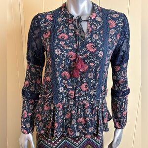 Knox Rose Blouse Tunic Top Womens Size L Bohemian Blue Floral Tie neck Lace
